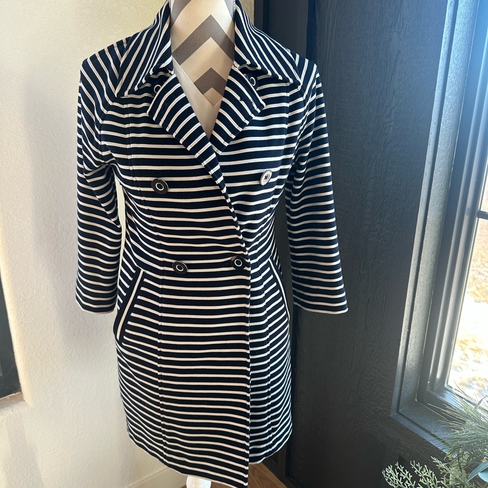 Cabi Small Maritime Trench Coat Navy White Ribbed Striped Rayon Blend Coat